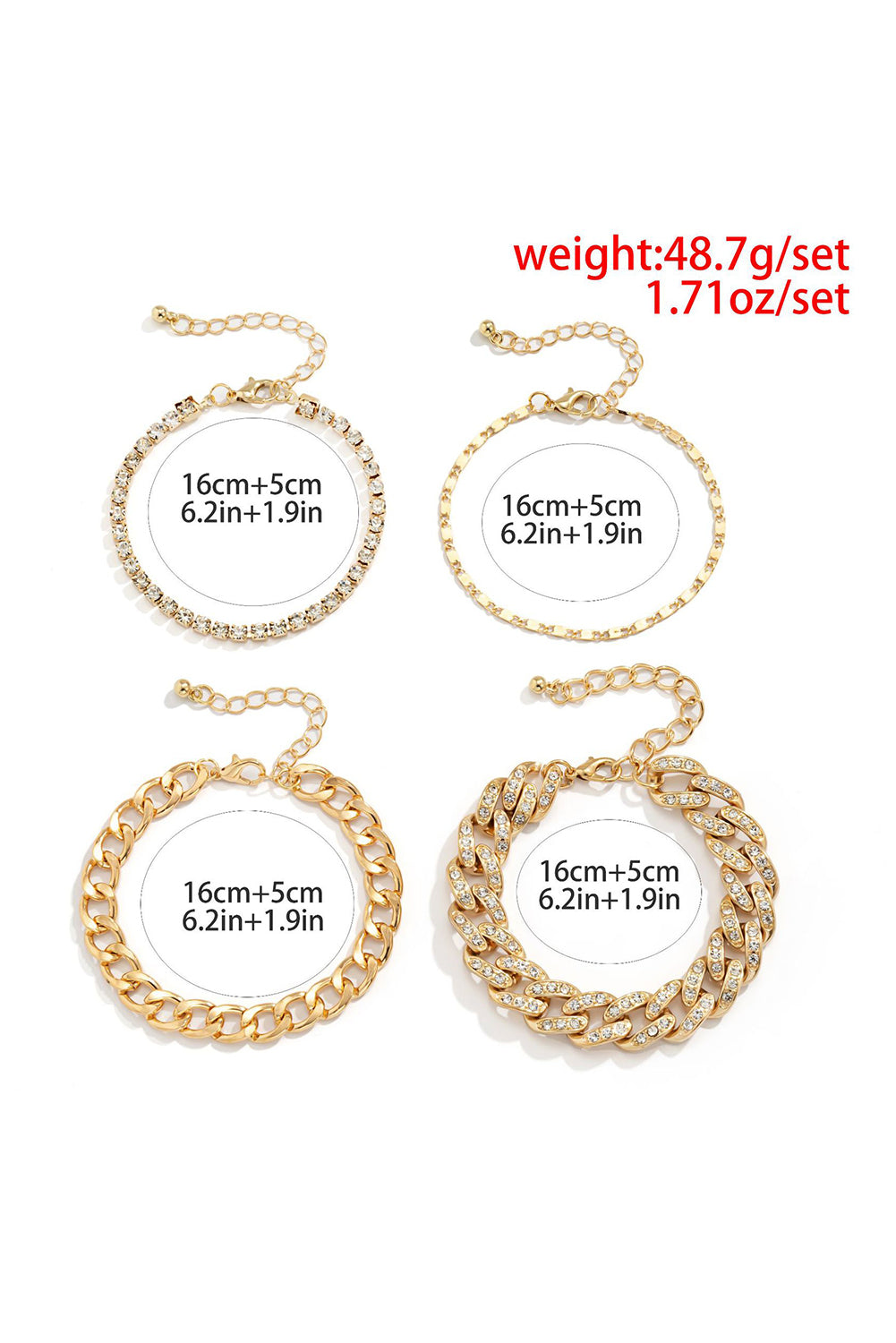 4Pcs Rhinestone Decor Adjustable Chain Plated Bracelet Set | Gold