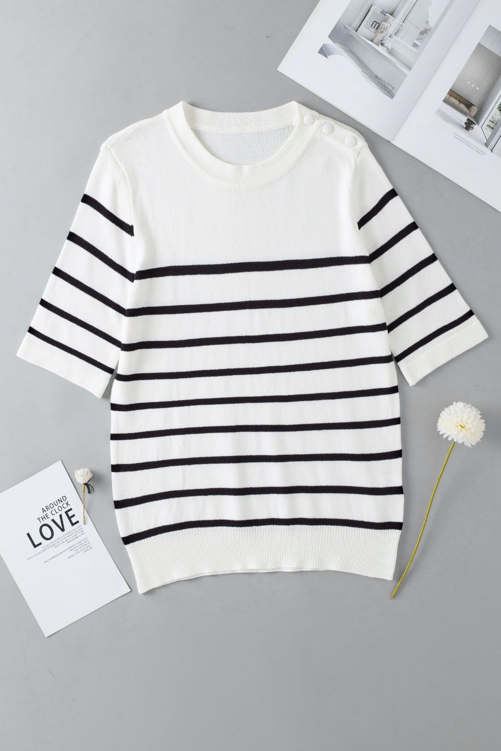 Striped Half Sleeve Knitted Tee | White Stripe