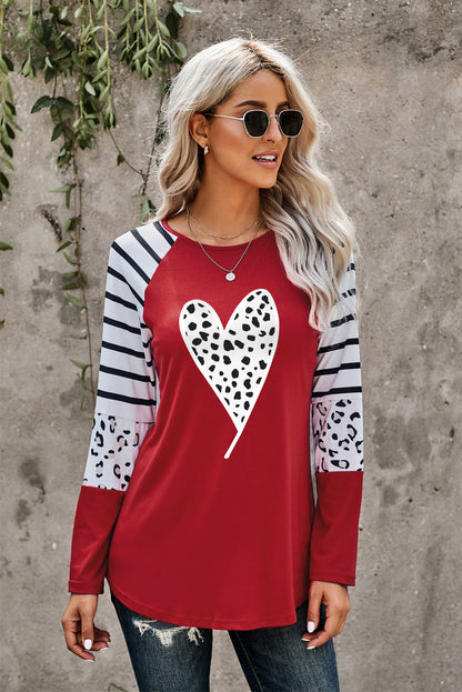 Fiery  Valentines Leopard Heart Print Colour Block Long Sleeve Top | Red