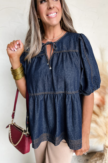 Puff Sleeve Lace-Up Neckline Splicing Denim Blouse | Sail Blue