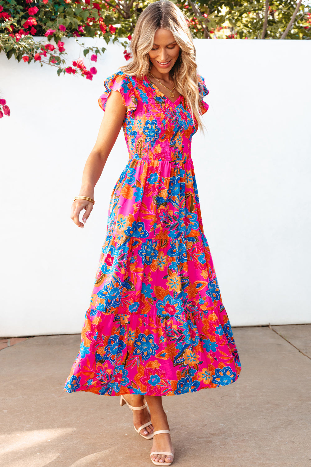 Boho Floral V Neck Ruffle Tiered Long Dress | Rose Red