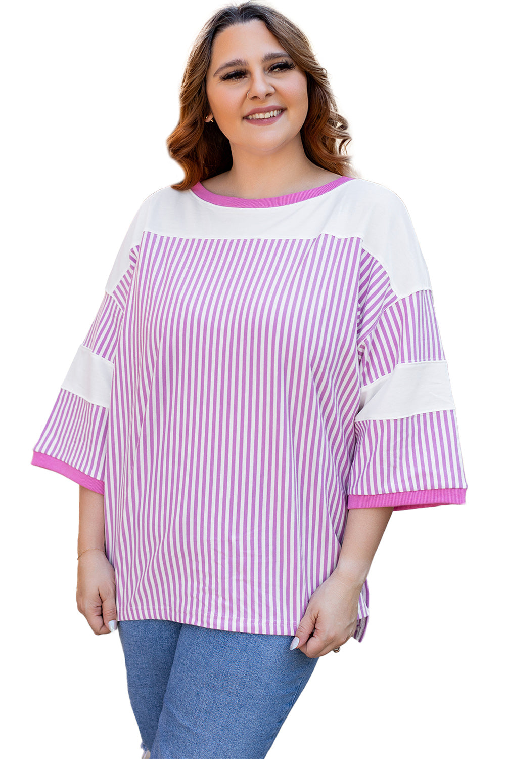 Patchwork Bracelet Sleeve Plus Size T Shirt | Pink Stripe