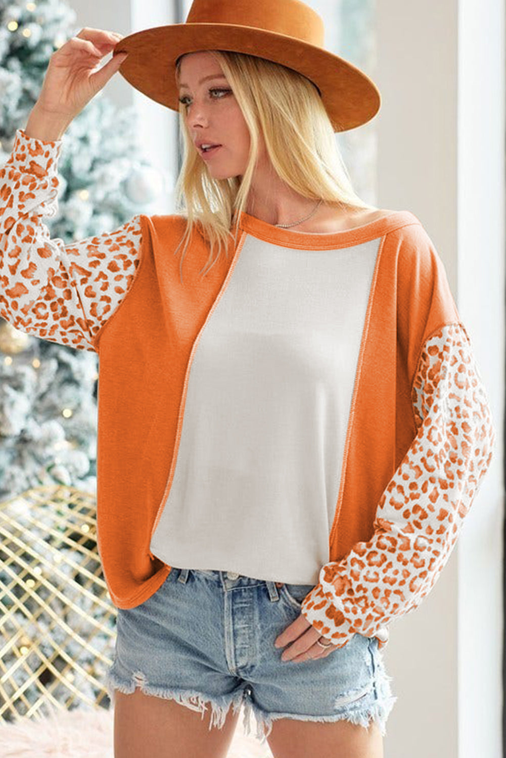 Colourblock Leopard Sleeve Patchwork Top | Orange