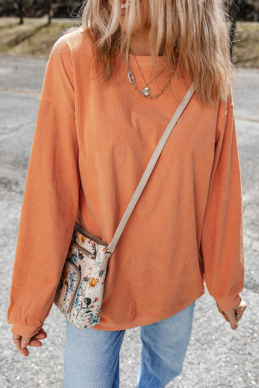 Ribbed Corduroy Oversized Sweatshirt | Orange