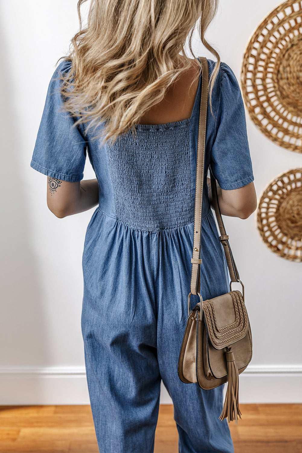 V Neck Short Sleeve Smocked Back Denim Loose Jumpsuit | Ashleigh Blue