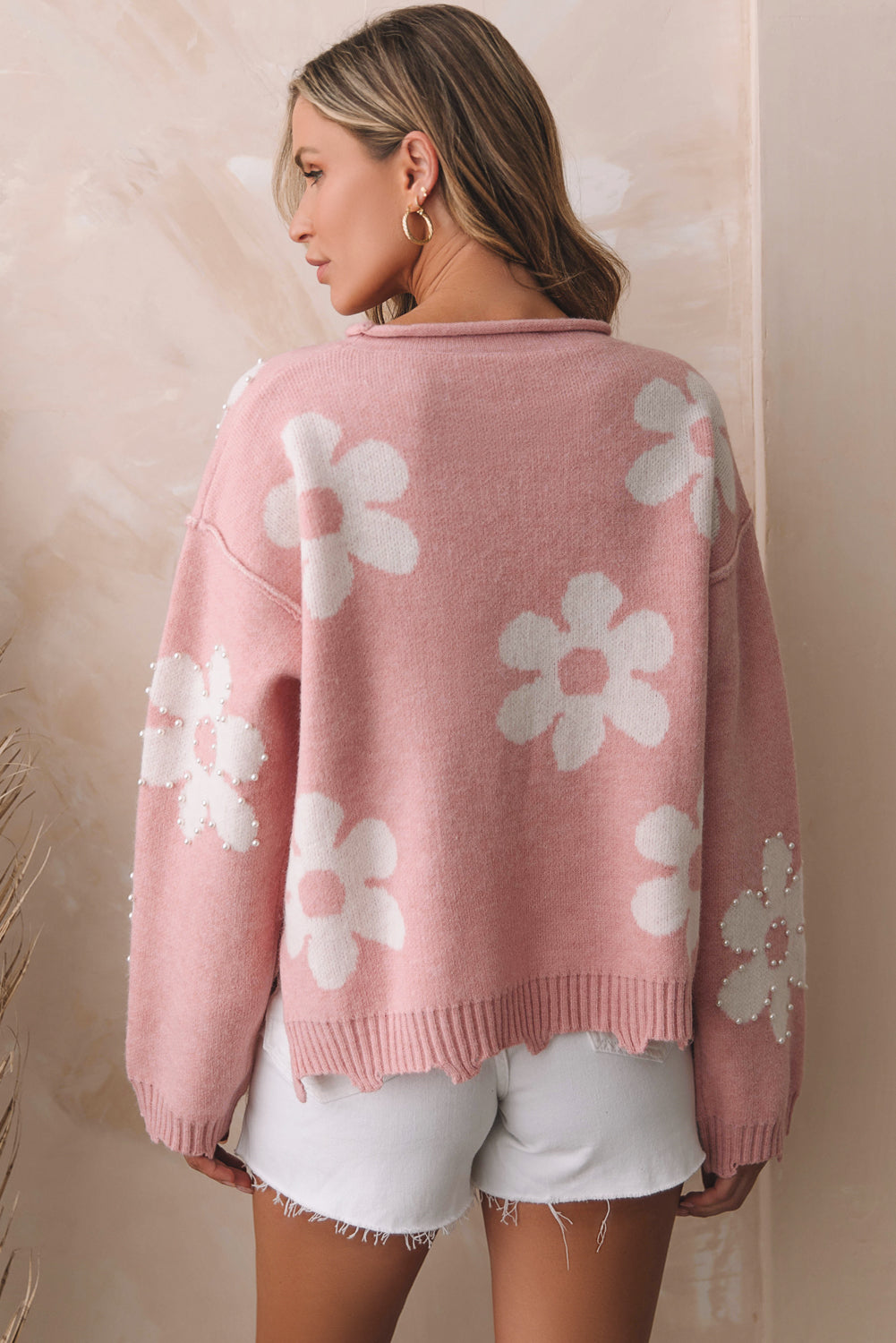 Pearl Beaded Floral Drop Shoulder Sweater | Multicolour