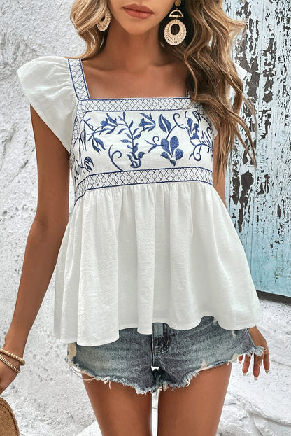 Embroidered Bust Square Neck Peplum Blouse | White