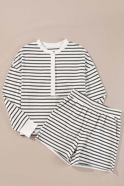 Black White Stripes Printed Half Button Long Sleeve Top And Shorts Set | Black white