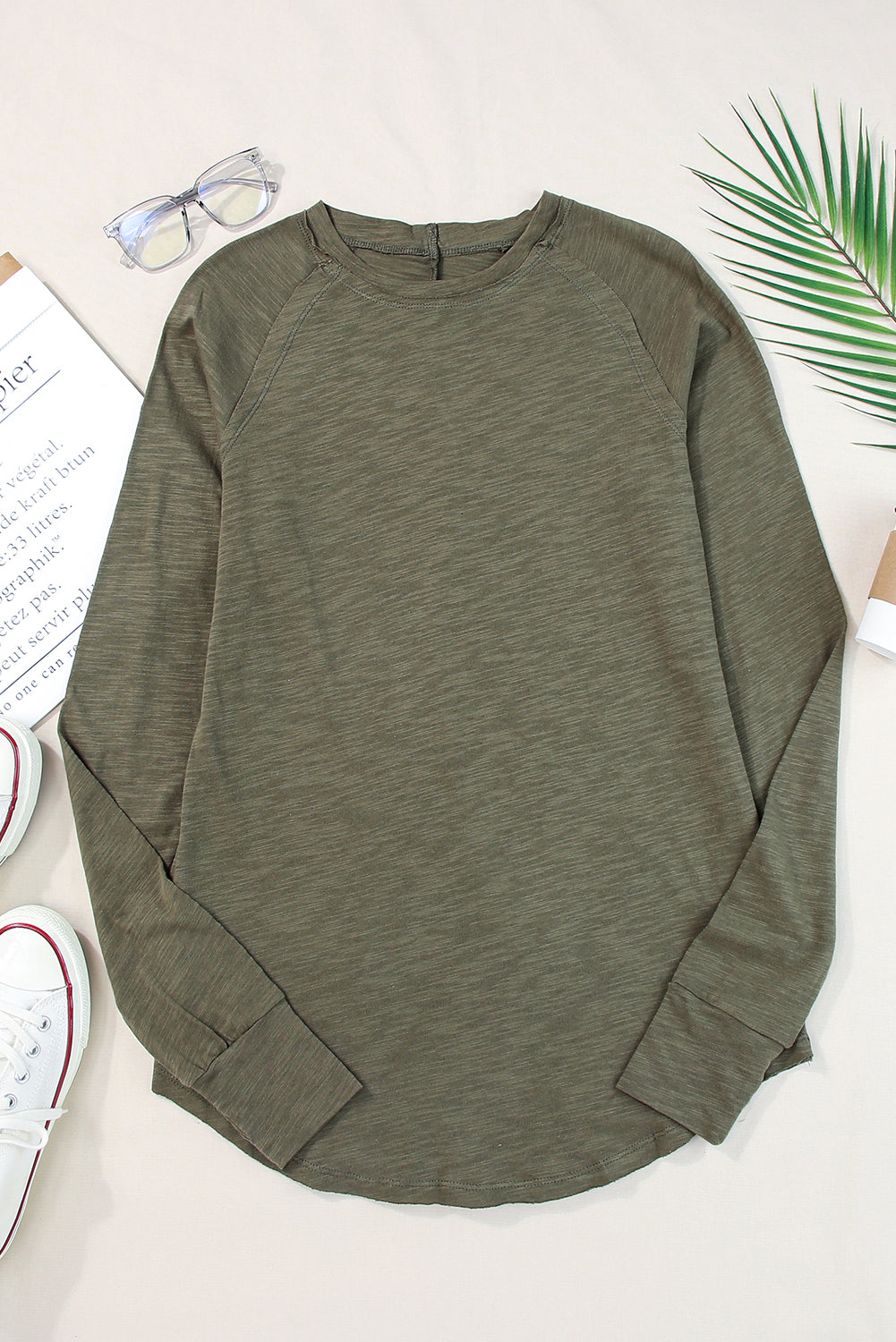 Solid Crew Neck Long Sleeve Top | Green