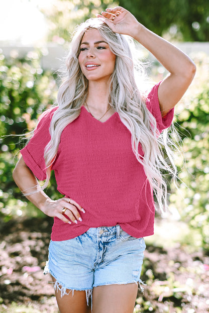 Textured Rolled Sleeve V Neck Tee | Bright Pink