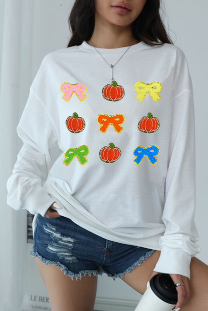 Chenille Bowknot Pumpkin Graphic Thanksgiving Sweatshirt | White