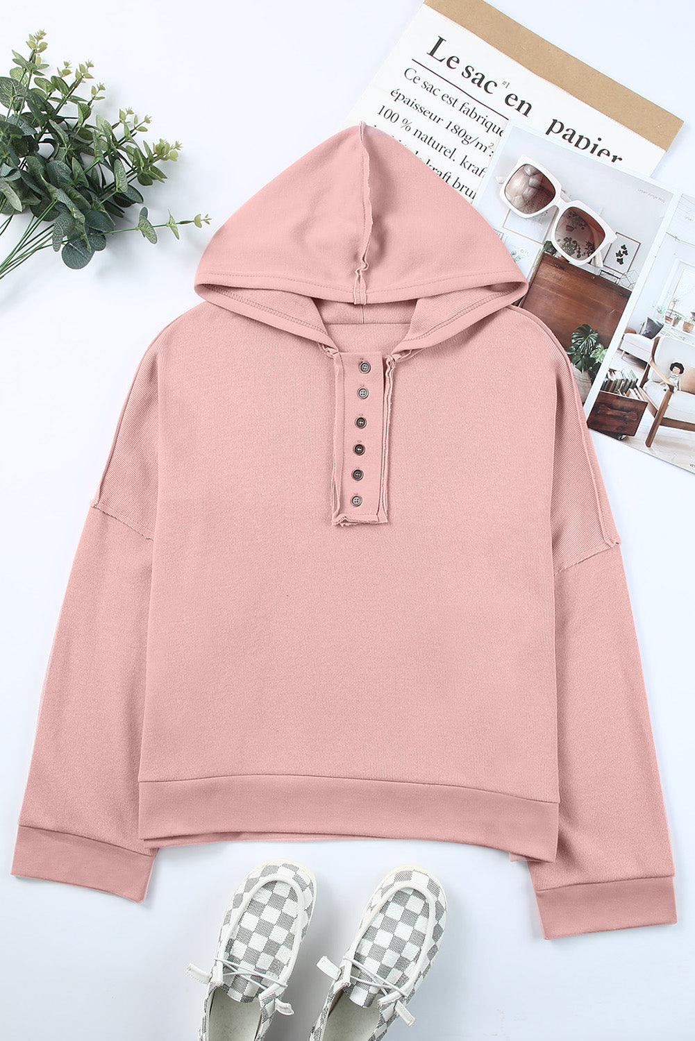 Casual Button Solid Patchwork Trim Hoodie | Pink