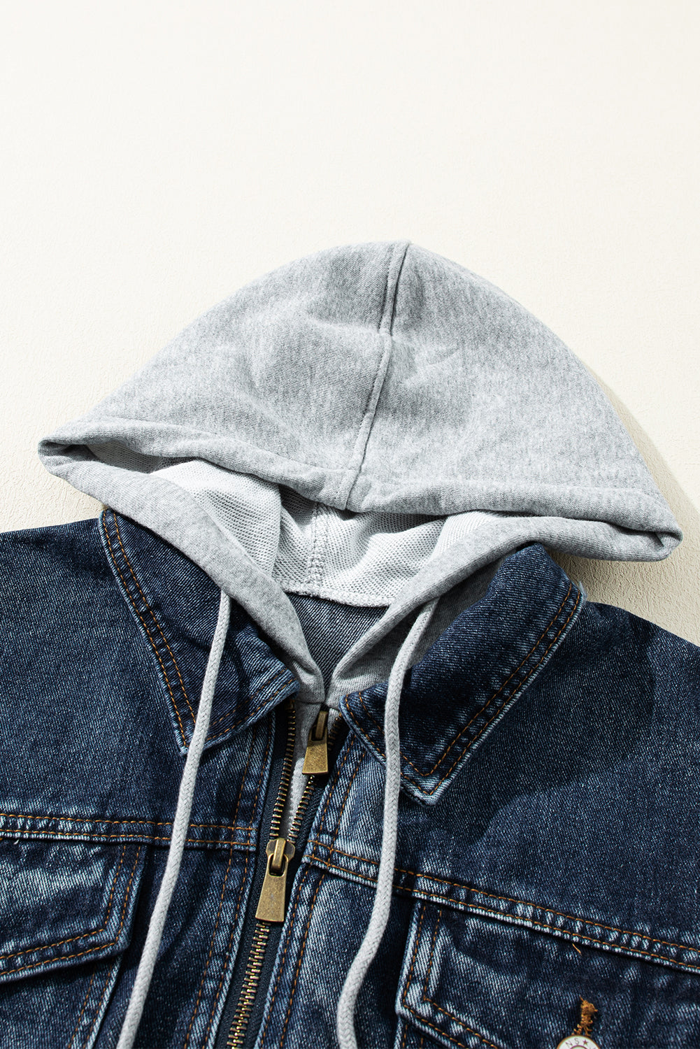 Fake Two-Piece Hooded Zip-Up Denim Jacket | Dark Blue