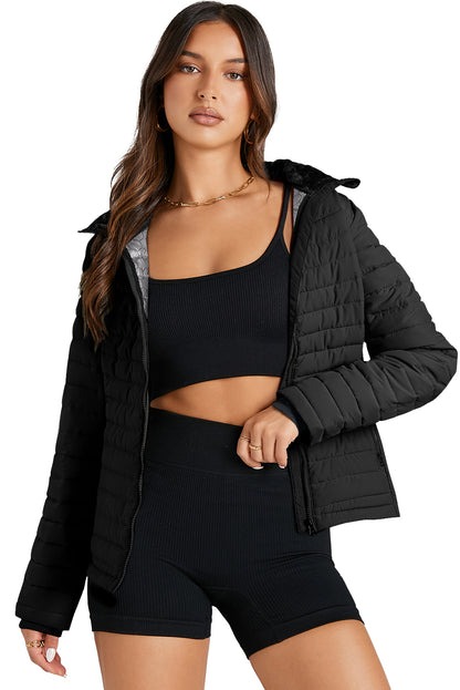 Solid Colour Quilted Zip-Up Puffer Jacket | Black