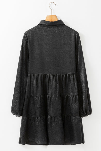 Metallic Sheen Puff Sleeve Button Up Mini Shirt Dress | Black