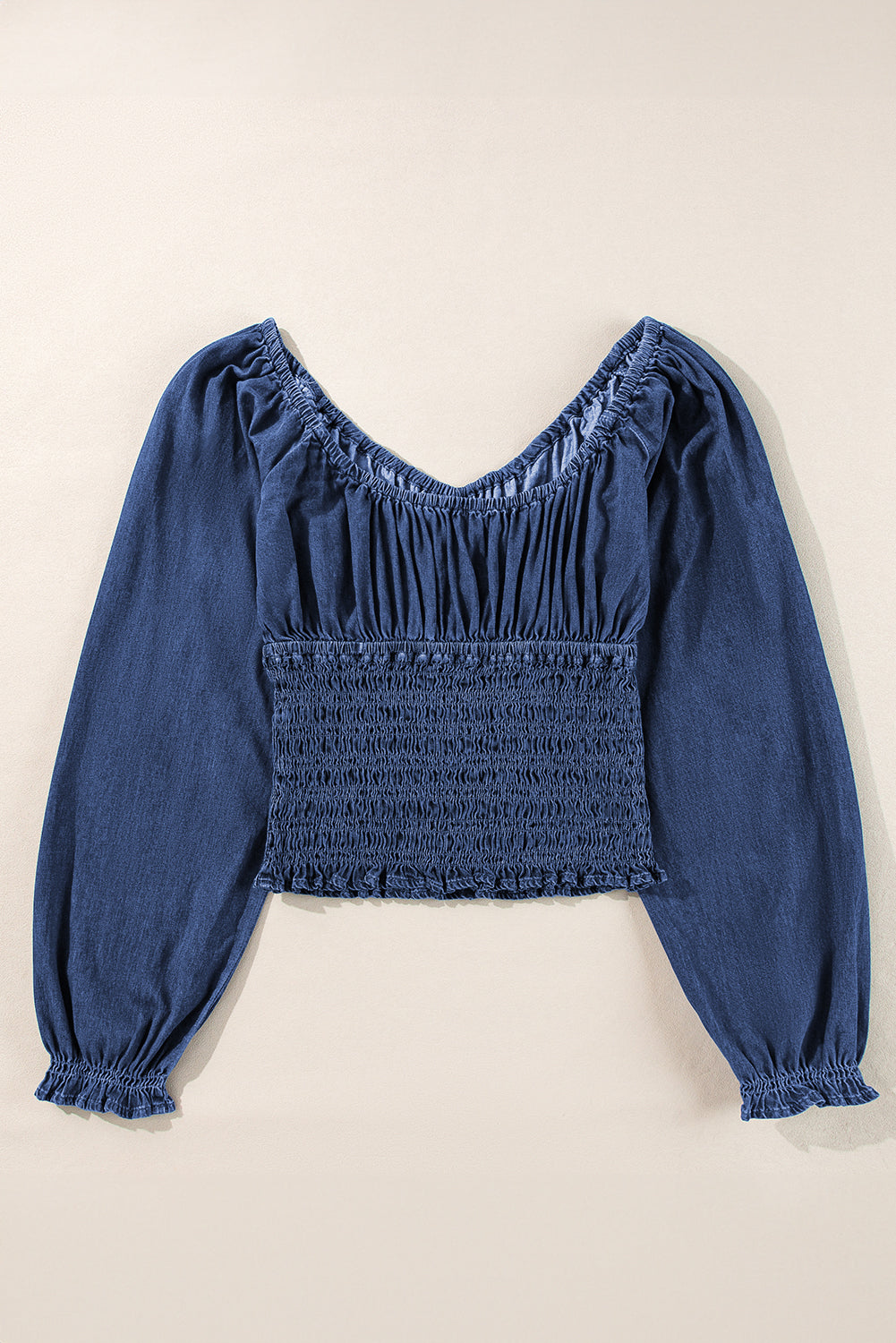 Smocked Ruffled Puff Sleeve V Neck Denim Blouse | Dark Blue