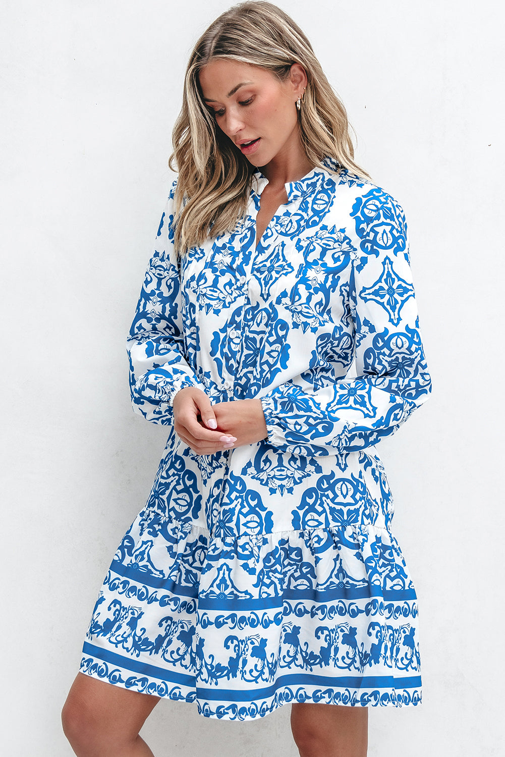 Tribal Print Button Up Notch Neck Loose Mini Dress | Sky Blue