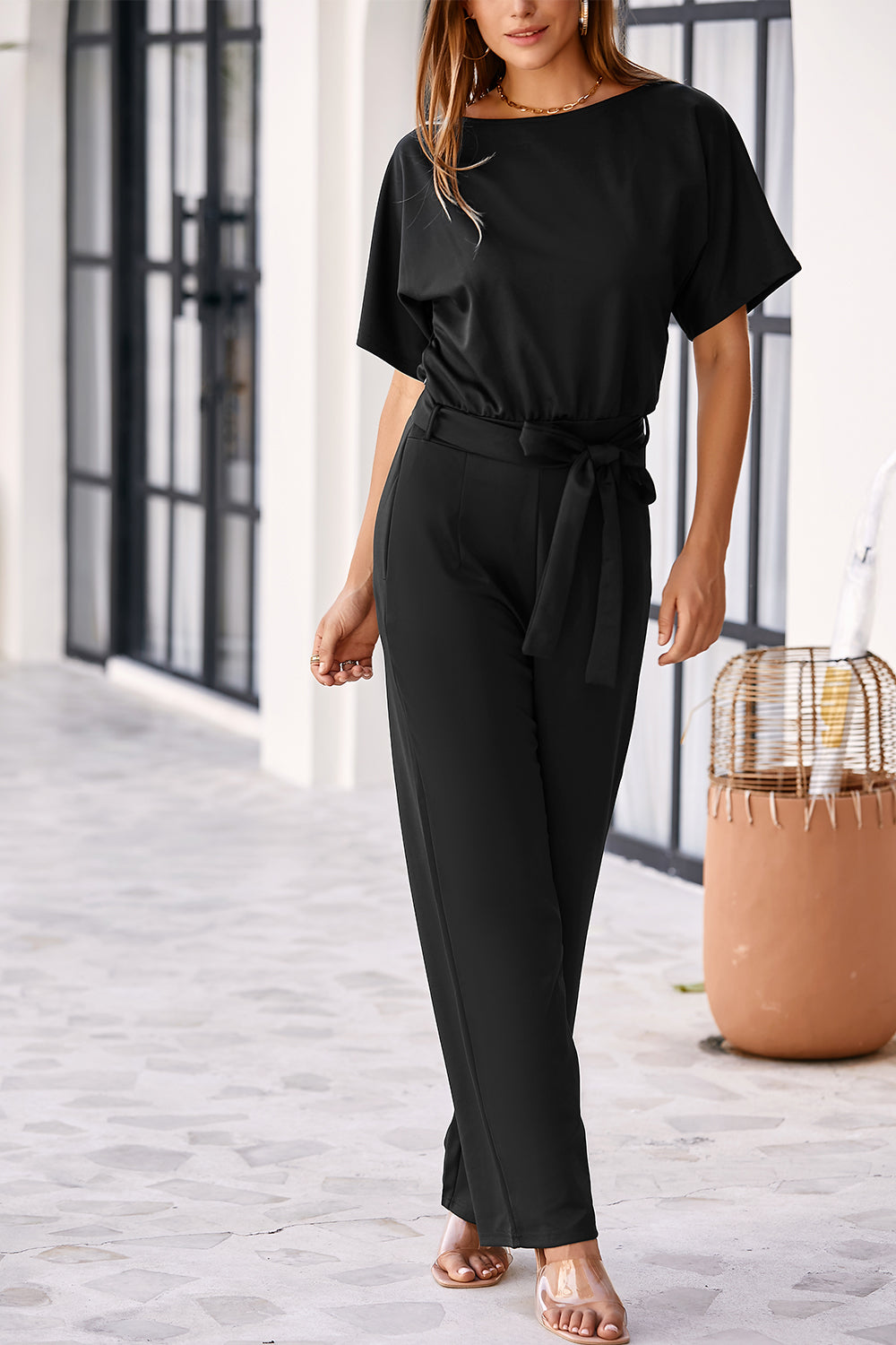 Belted Wide Leg Jumpsuit | Black