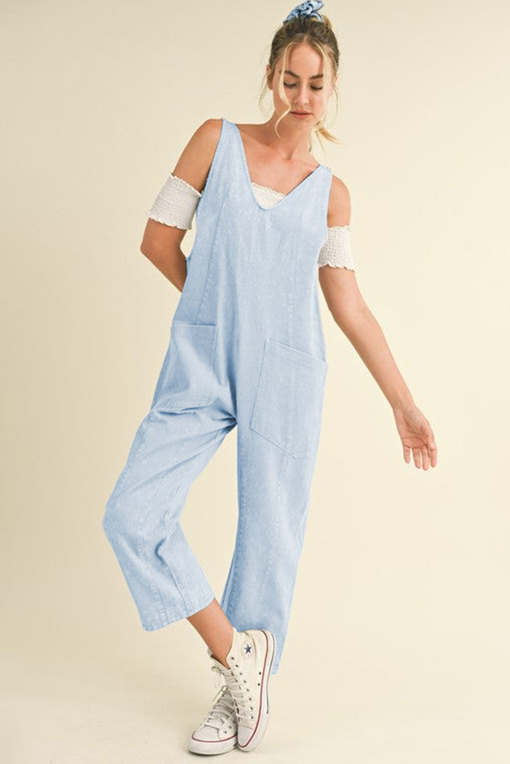 Adjustable Strap V Neck Pocketed Denim Overalls | Beau Blue