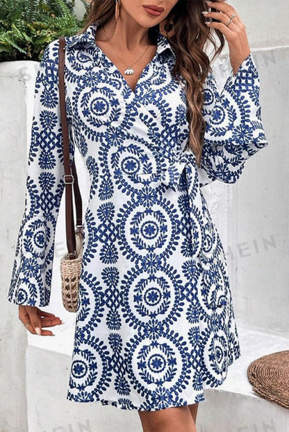 Floral Print V Neck Wrapped Knot Long Sleeve Dress | Blue