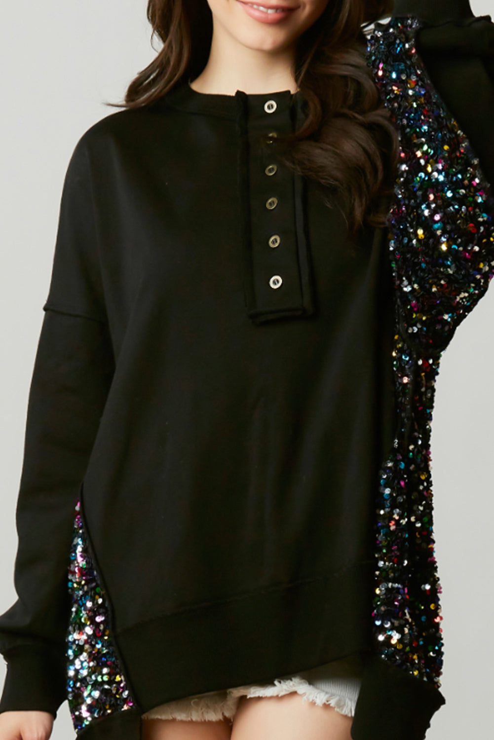 Sequin Patchwork High Low Hem Henley Sweatshirt | Black