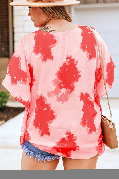 Plus Size Tie-Dye Print 3/4 Sleeve Tunic Top | Red