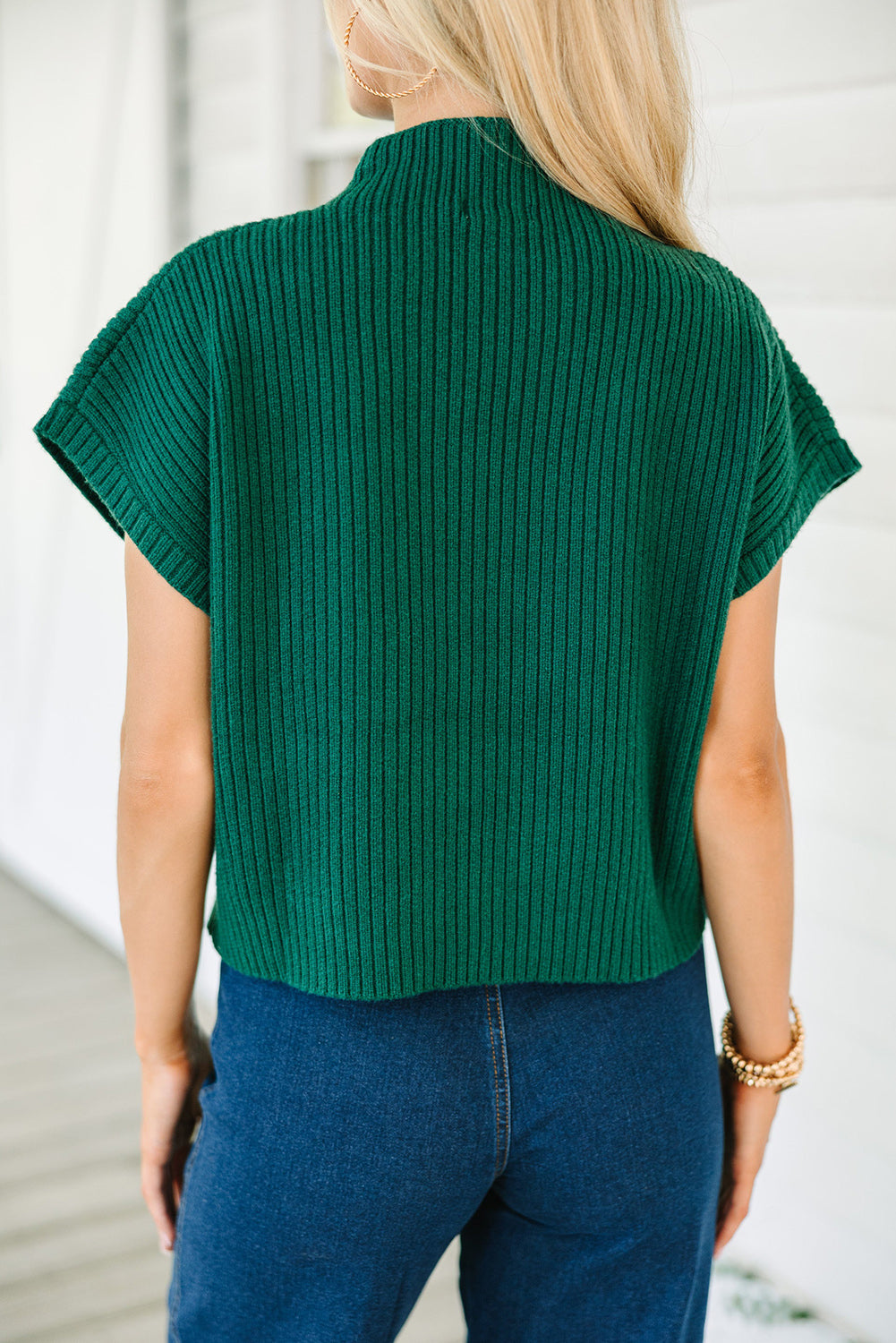 Patch Pocket Ribbed Knit Short Sleeve Sweater | Blackish Green