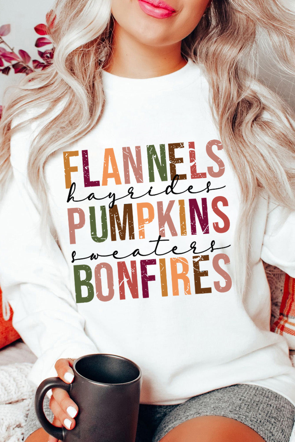 Flannels Pumpkins Bonfires Graphic Drop Shoulder Sweatshirt | Beige