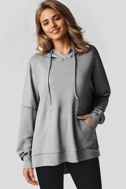 Waffle Knit Fleece Lined High Low Oversized Hoodie | Gray