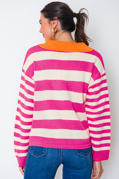 Colour Block Collared V Neck Drop Shoulder Sweater | Rose Stripe