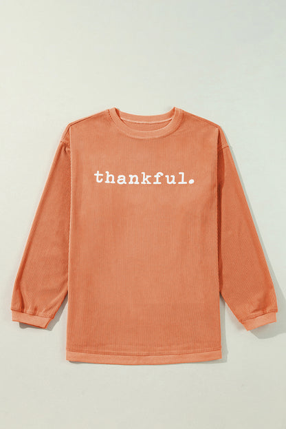 Thankful Ribbed Crew Neck Thanksgiving Sweatshirt | Orange