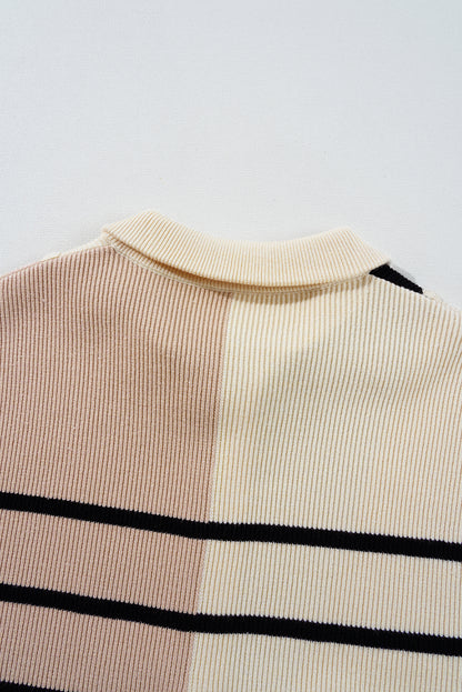 Colour Block Quarter Zip Collar Short Sleeve Sweater Dress | Khaki Stripe