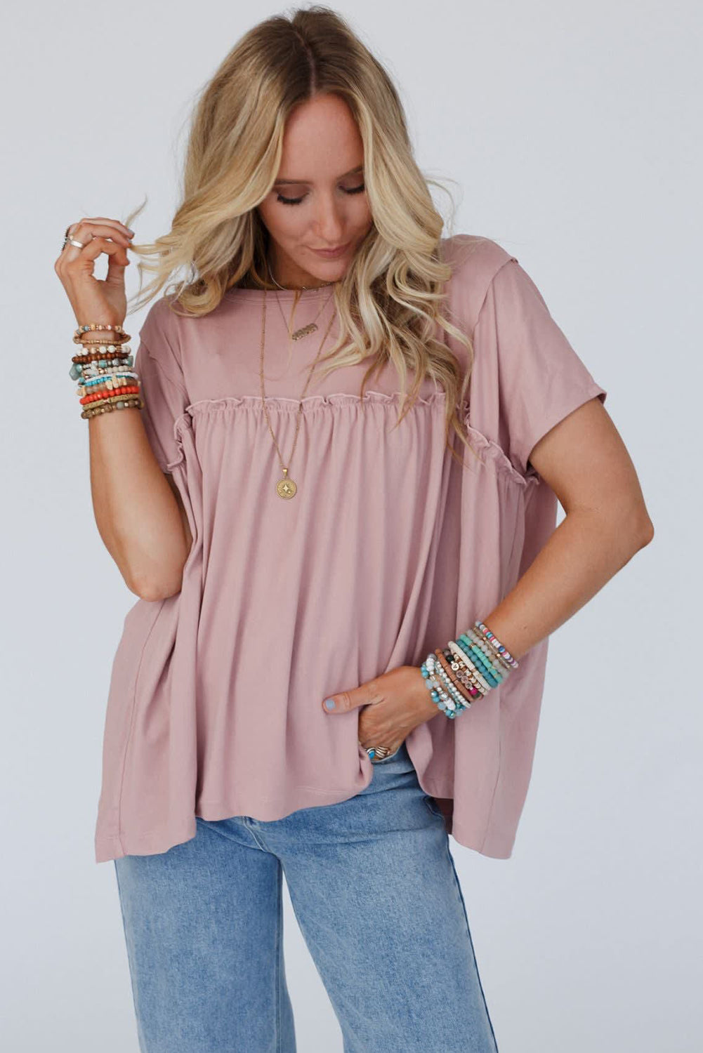 Ruffled Trim Loose Babydoll Tee | Light Pink