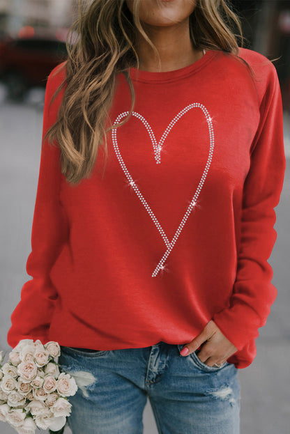 Fiery  Rhinestone Heart Shaped Long Sleeve Sweatshirt | Red