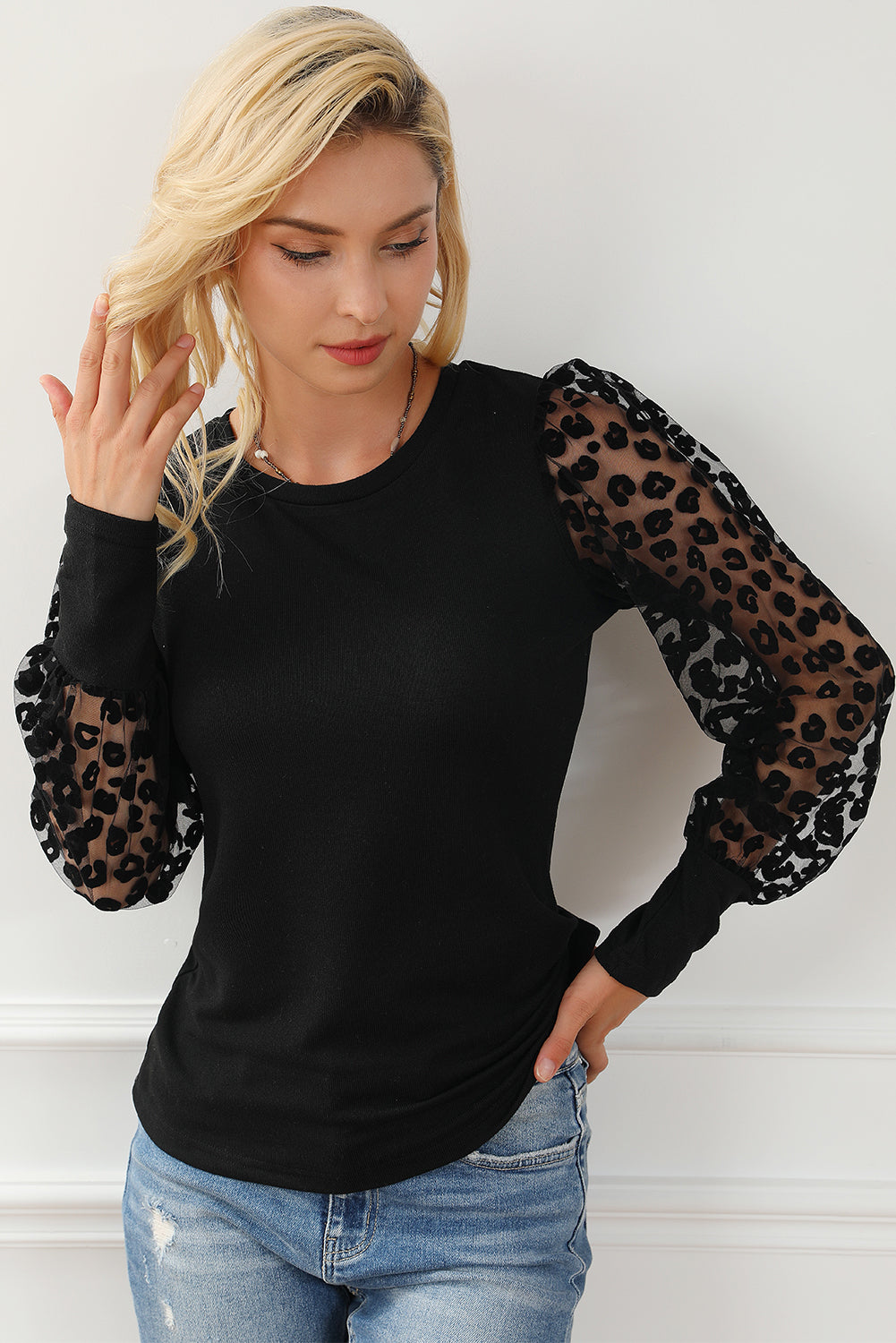 Leopard Mesh Puff Sleeve Patchwork Slim Fit Top | Black