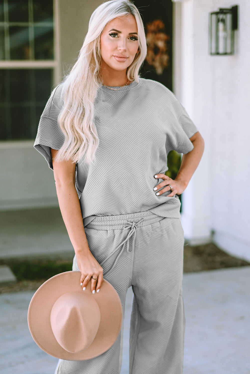 Textured Loose Fit T Shirt And Drawstring Pants Set | Gray