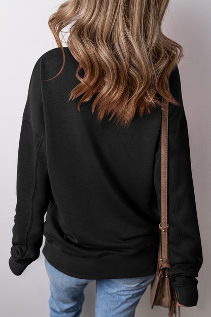 Drop Shoulder Crisscross Stitching Pocketed Loose Sweatshirt | Black