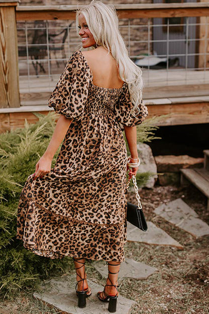 Leopard Print Bubble Sleeve Square Neck Maxi Dress | Brown