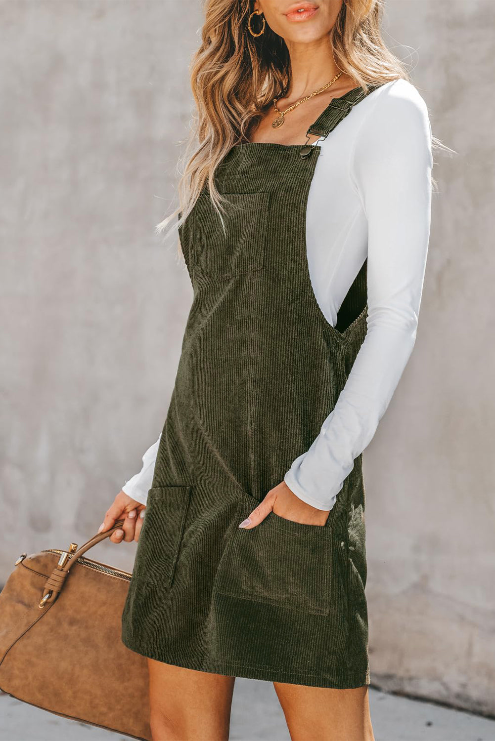 Solid Front Pockets Sleeveless Corduroy Overall Dress | Vineyard Green