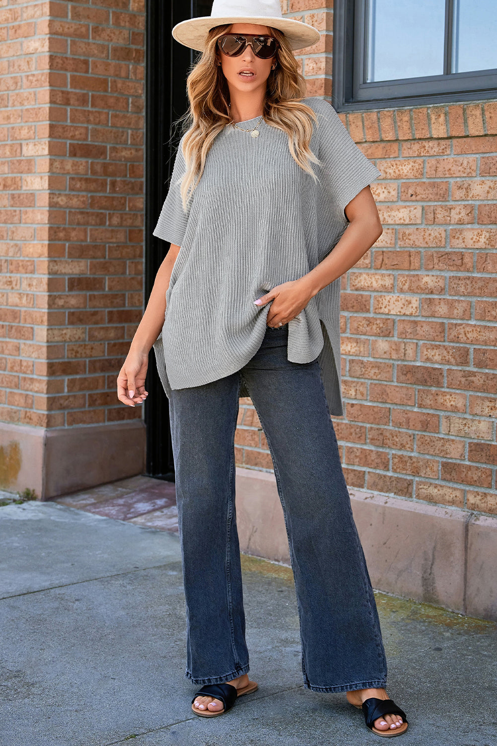 Short Sleeve Side Slit Oversized Sweater | Gray