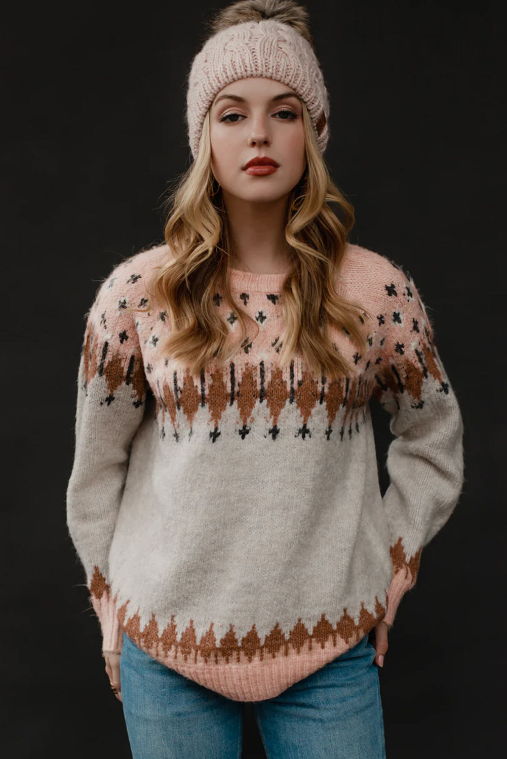 Mixed Geometric Detail Raglan Sleeve Sweater | Multicolour