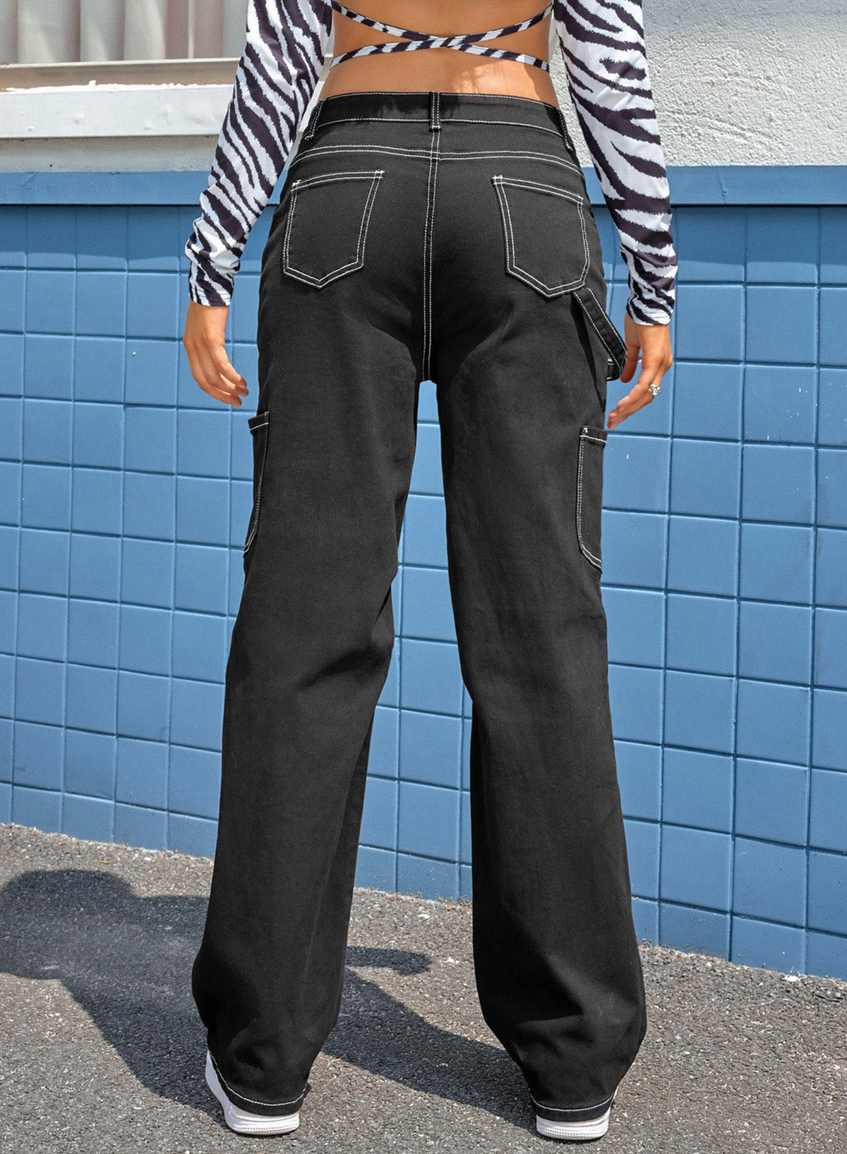 High Waist Straight Leg Cargo Pants With Pockets | Black