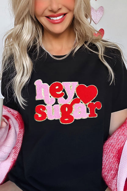 Chenille Heart Hey Sugar Patched Crewneck Valentines Tee | Black