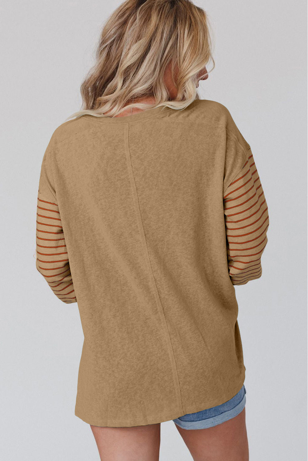 Light French Beige Colourblock Striped Bishop Sleeve Top | Flaxen