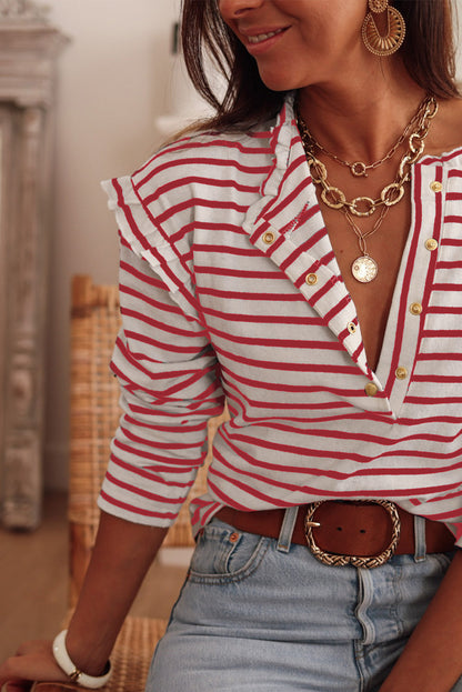 Striped Print Ruffled Buttoned Long Sleeve Top | Red