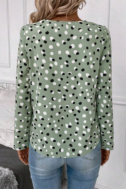 Polka Dot Print Button Front V Neck Blouse | Green