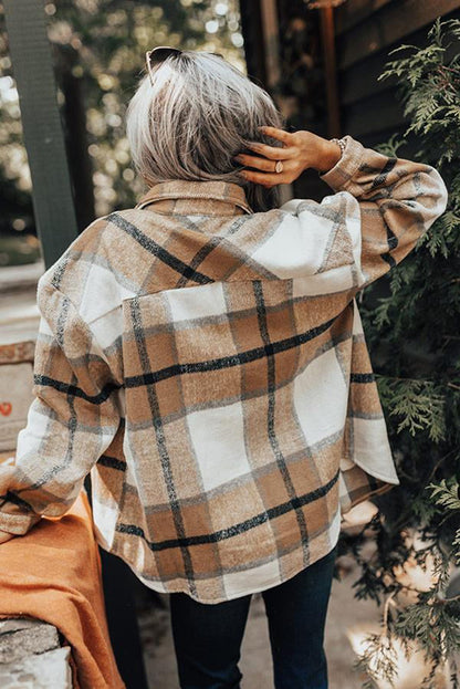 Button-Up Pocket Long Sleeve Plaid Shacket | Khaki