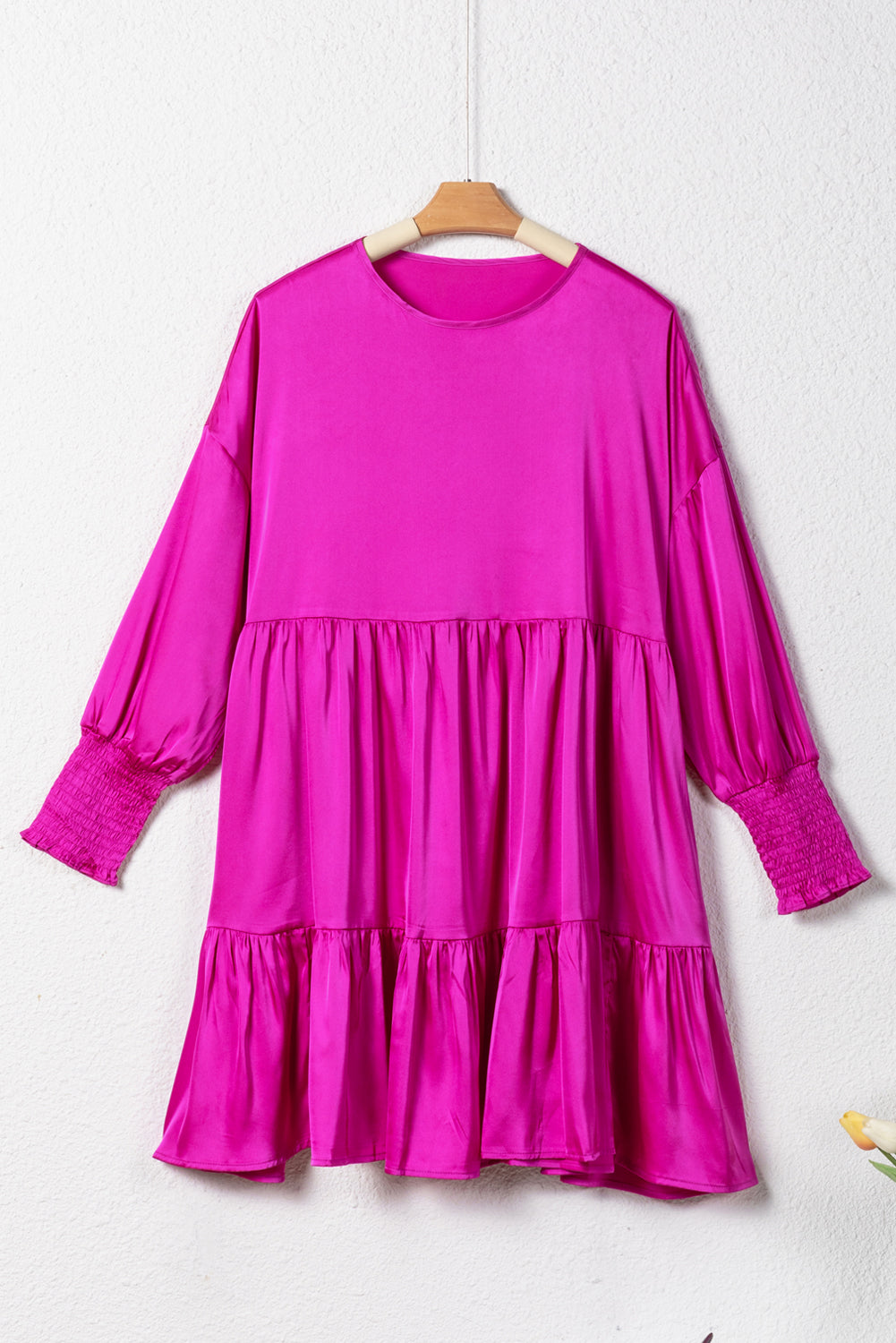 Satin Smocked Bubble Sleeve Tiered Dress | Rose Red