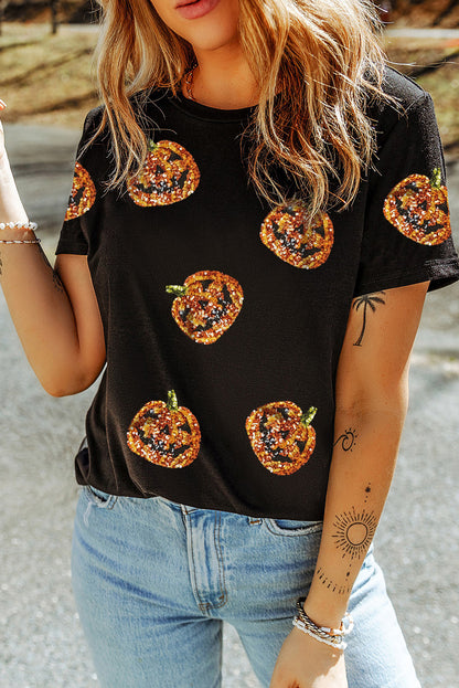 Sequin Pumpkin Face Halloween T Shirt | Black