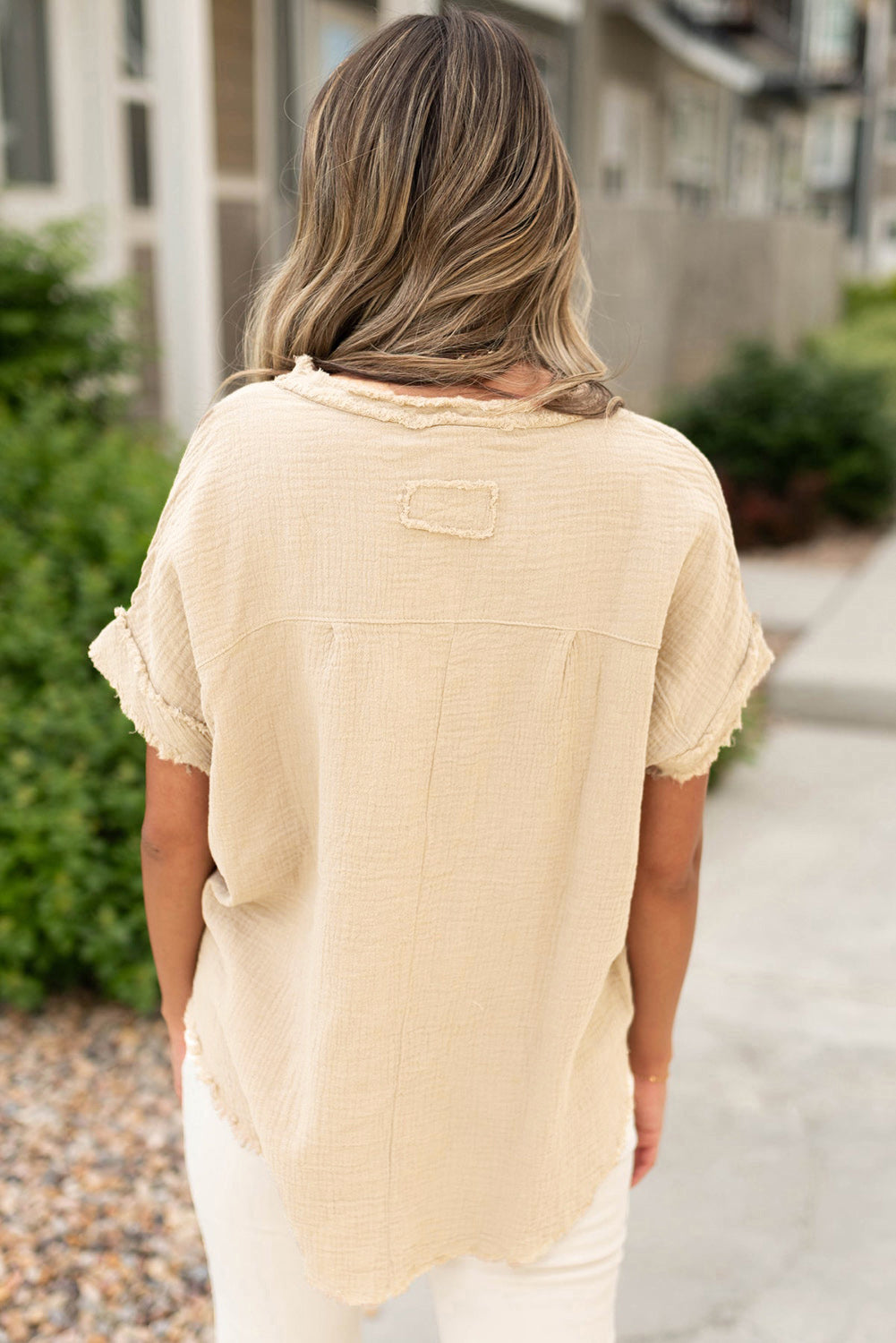 Crinkle Textured Frayed Trim Half Button Short Sleeve Top | Parchment